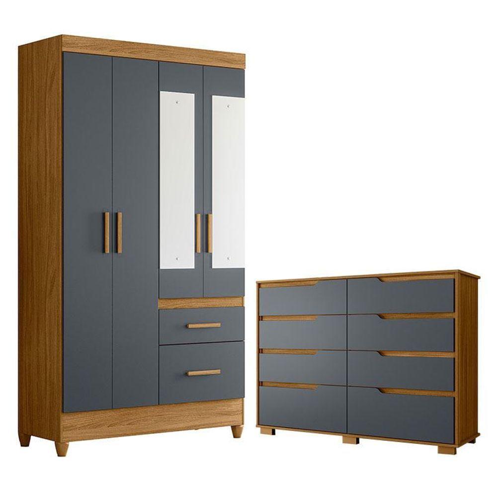 Guarda Roupa Solteiro Madri Com Espelho E Cômoda Georgia Freijó Cinza - Moval - 1