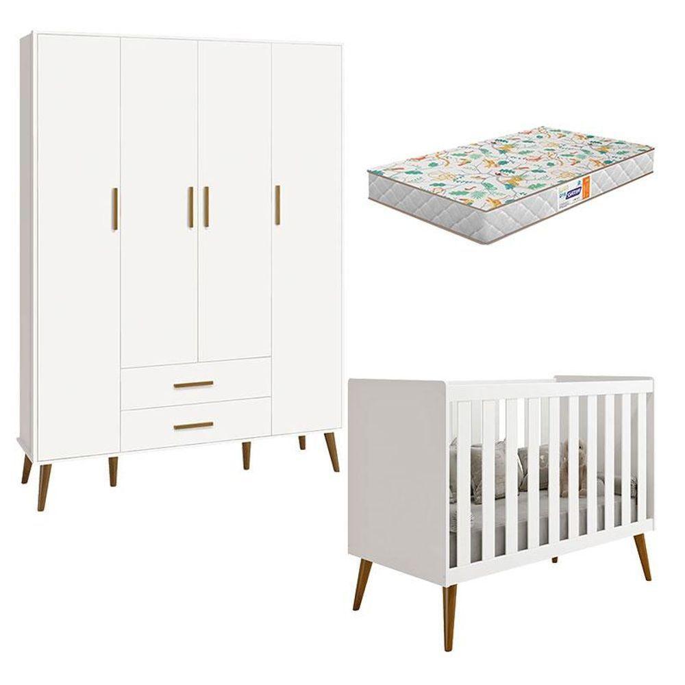 Berço Americano E Guarda Roupa Infantil 4 Portas Isis Branco Acetinado Com Colchão Gazin - Reller - 1
