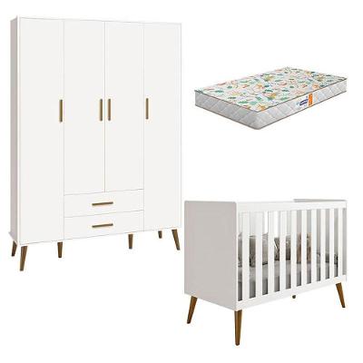 Berço Americano E Guarda Roupa Infantil 4 Portas Isis Branco Acetinado Com Colchão Gazin - Reller
