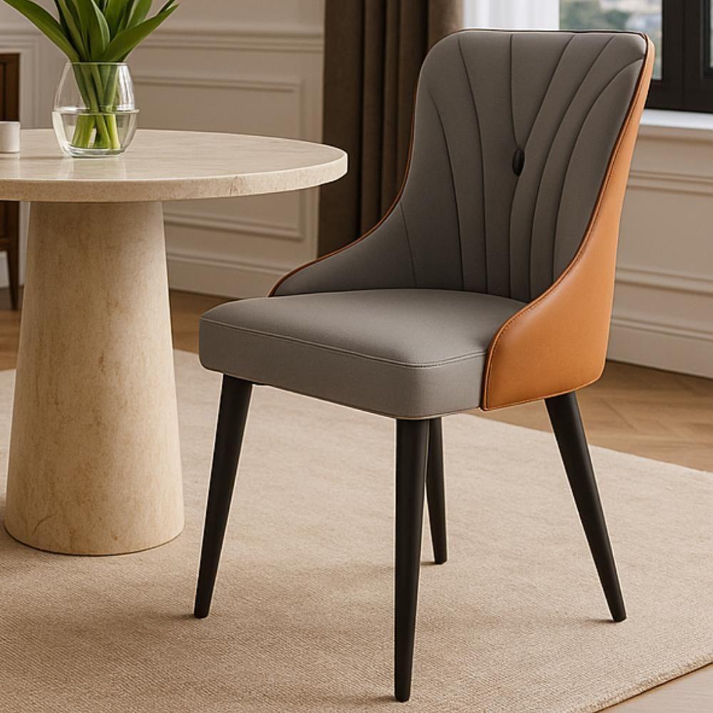 Cadeira De Jantar Estofada Verona Design Italiano Encosto Anatômico Com Base Metálica Reforçada - Cinza Escuro-caramelo - 2