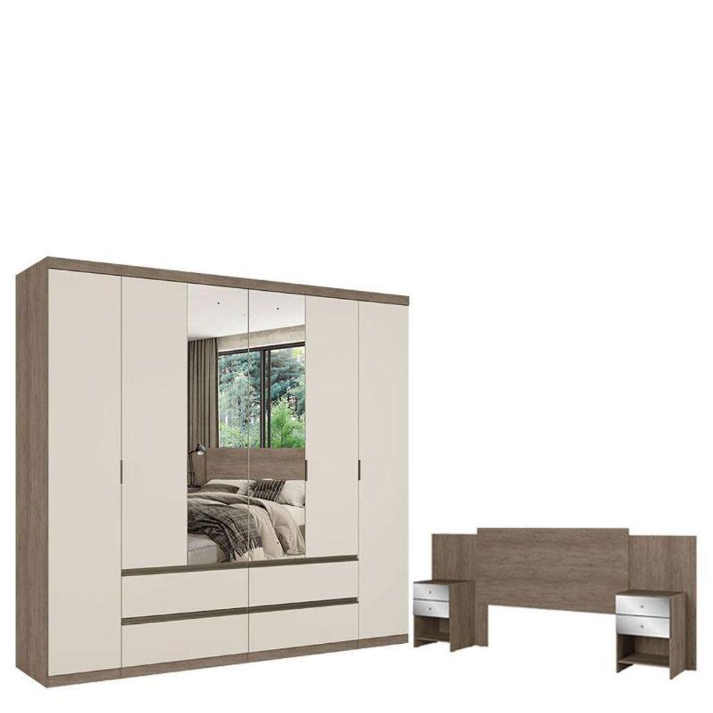 Guarda Roupa Casal Nobre Glass 6 Portas Rustic Off White E Cabeceira Com Mesas De Cabeceira Formosa Glass Rustic- Thb - 1