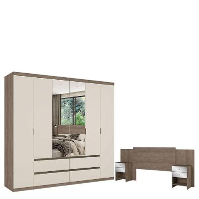 Guarda Roupa Casal Nobre Glass 6 Portas Rustic Off White E Cabeceira Com Mesas De Cabeceira Formosa Glass Rustic- Thb
