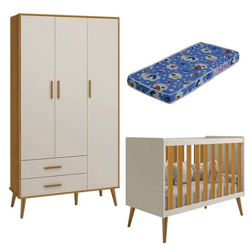 Berço Americano E Guarda Roupa Infantil 3 Portas Isis Areia Acetinado Savana Com Colchão Ortobom - 1