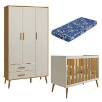 Berço Americano E Guarda Roupa Infantil 3 Portas Isis Areia Acetinado Savana Com Colchão Ortobom - 1