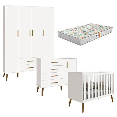 Quarto De Bebê Isis 4 Portas Branco Acetinado Com Colchão Gazin - Reller
