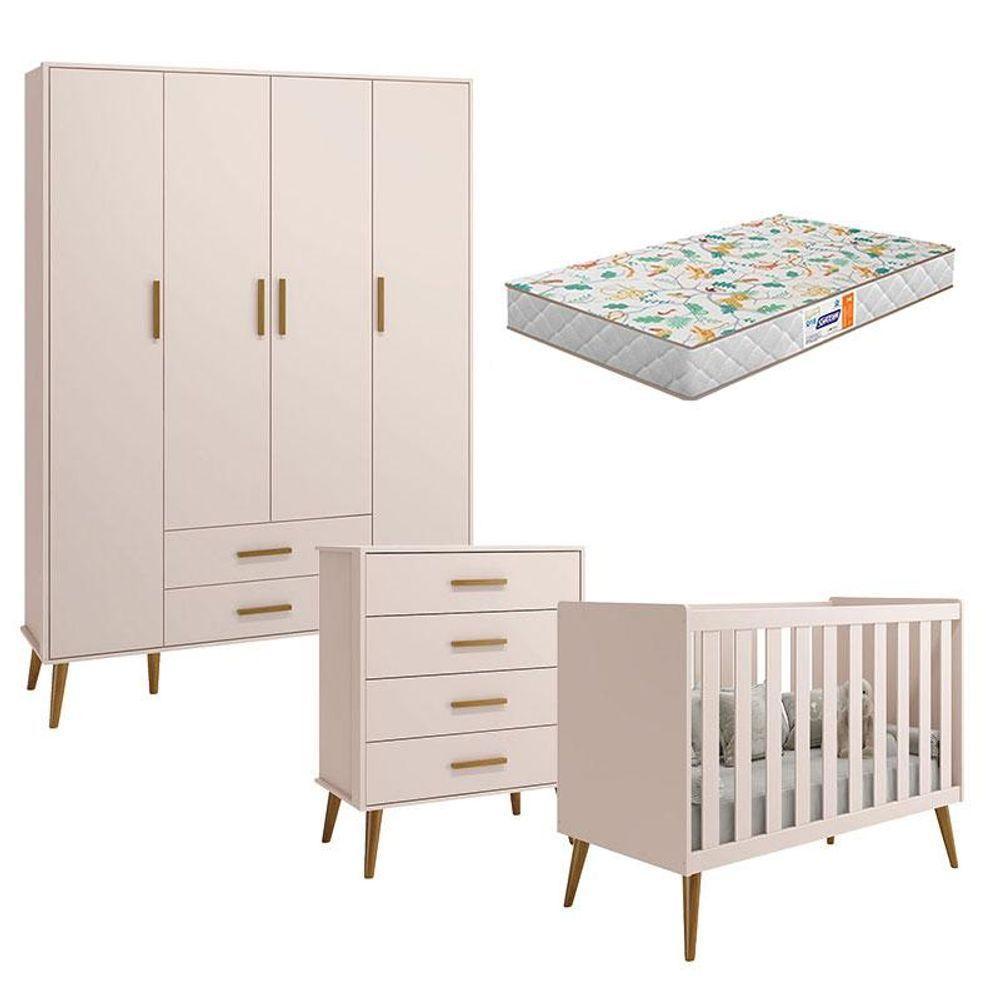 Quarto De Bebê Isis 4 Portas Com Gaveteiro Rosa Acetinado Com Colchão Gazin - Reller - 1