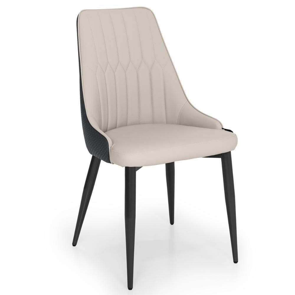 Cadeira De Jantar Estofada Torino Design Italiano Costuras Geométricas Base Em Metal - Bege-cinza Escuro - 1