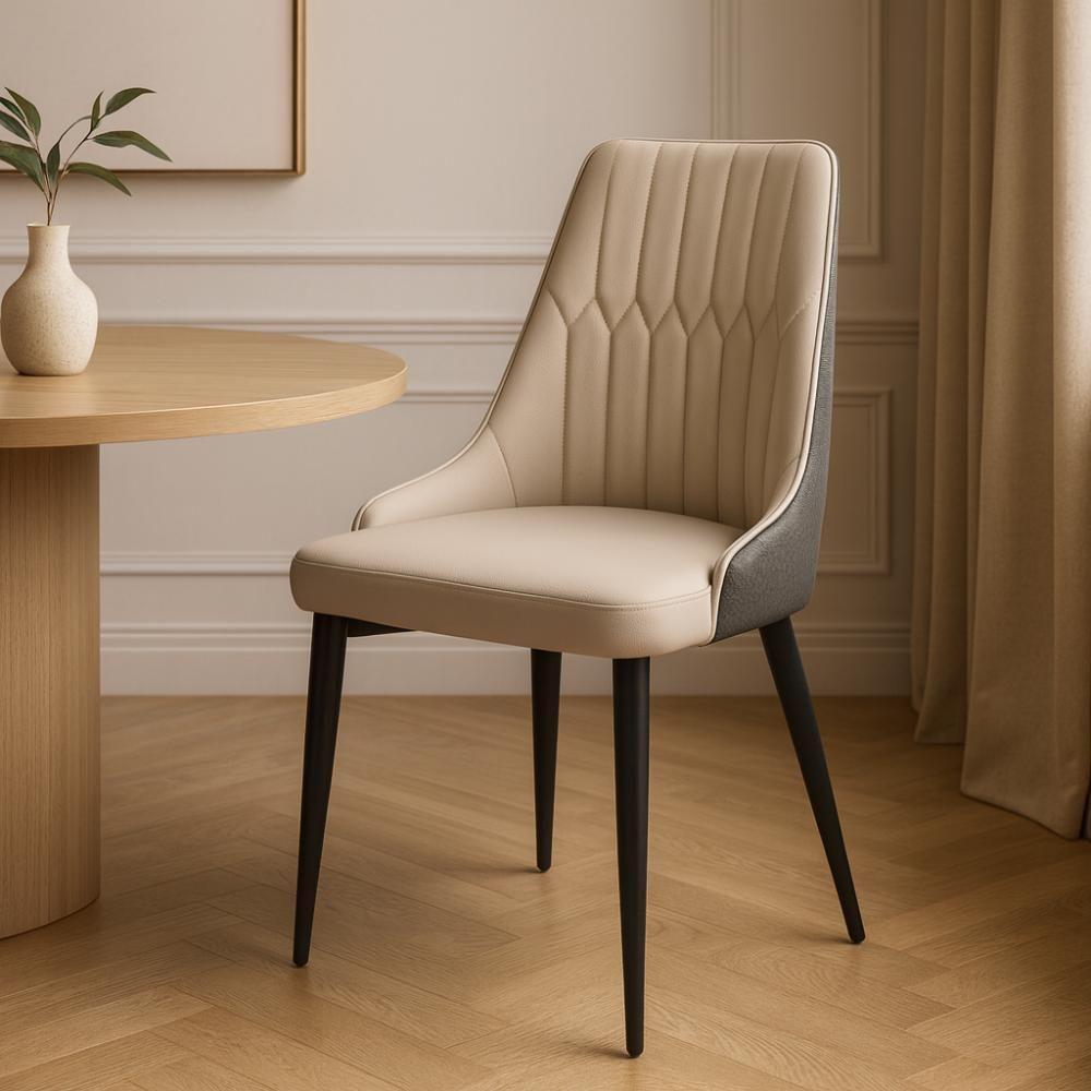 Cadeira De Jantar Estofada Torino Design Italiano Costuras Geométricas Base Em Metal - Bege-cinza Escuro - 2