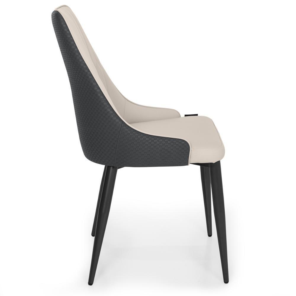 Cadeira De Jantar Estofada Torino Design Italiano Costuras Geométricas Base Em Metal - Bege-cinza Escuro - 6
