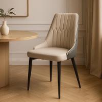 Cadeira De Jantar Estofada Torino Design Italiano Costuras Geométricas Base Em Metal - Bege-cinza Escuro - 2