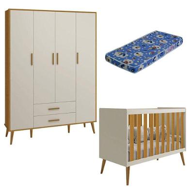 Berço Americano E Guarda Roupa Infantil 4 Portas Isis Areia Acetinado Savana Com Colchão Ortobom