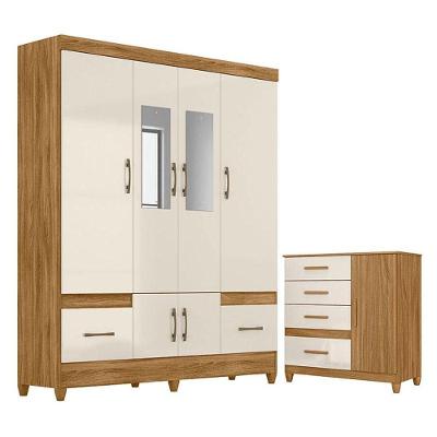 Guarda Roupa Casal Ms912 Com Espelho E Cômoda Vênus Com Pés Freijó Off White - Moval