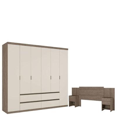Guarda Roupa Casal Nobre 6 Portas Rustic Off White E Cabeceira Com Mesas De Cabeceira Formosa Rustic- Thb