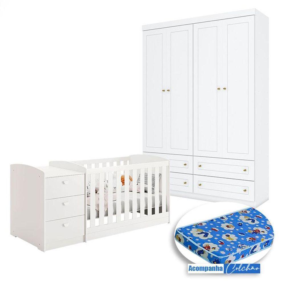Berço Multifuncional Atlanta E Guarda Roupa Mississipi 4 Portas Henn Branco Fosco Com Colchão Ortobom - Reller - 1