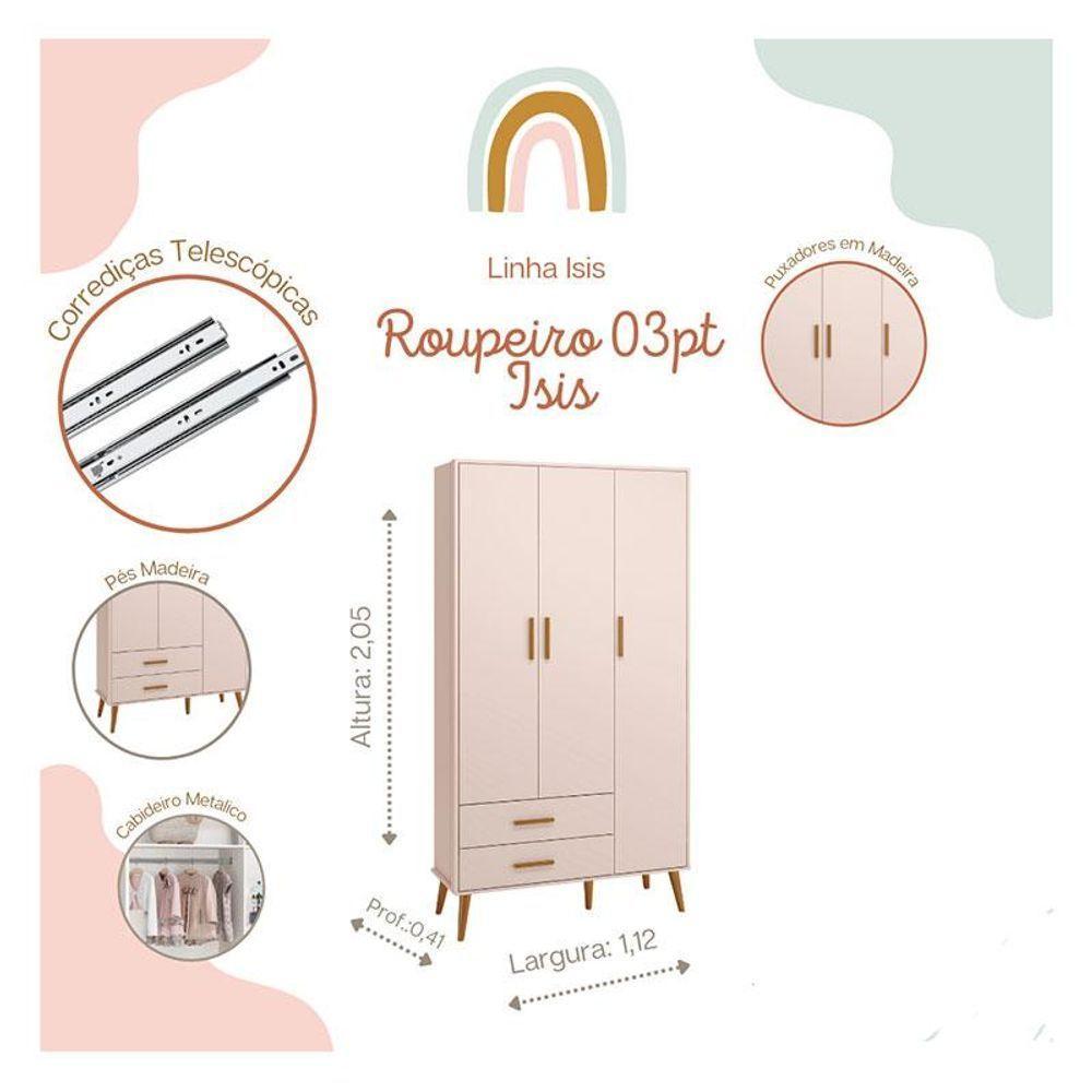 Quarto De Bebê Isis 3 Portas Rosa Acetinado Com Colchão Ortobom - Reller - 6