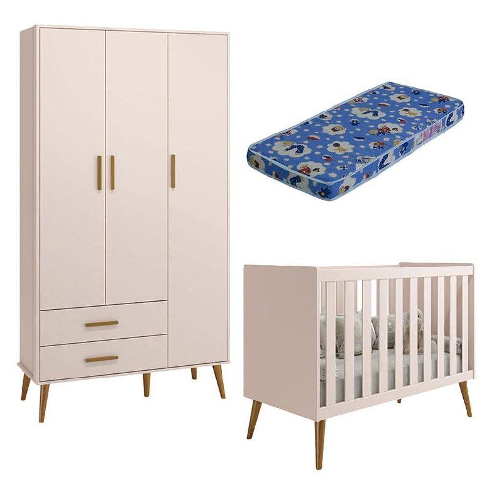 Berço Americano E Guarda Roupa Infantil 3 Portas Isis Rosa Acetinado Com Colchão Ortobom - Reller - 1