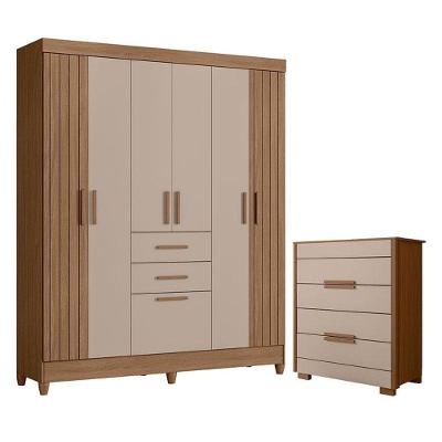 Guarda Roupa Solteiro e Cômoda Malta Dhara 7 Portas 2 Gavetas MDP Carvalho Fendi Fosco