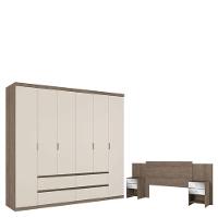 Guarda Roupa Casal Nobre 6 Portas Rustic Off White E Cabeceira Com Mesas De Cabeceira Formosa Glass Rustic- Thb - 1