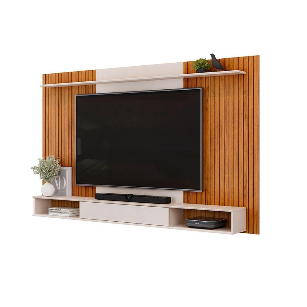 Painel Leo Com Ripas E Prateleira Freijó Com Off White - 1