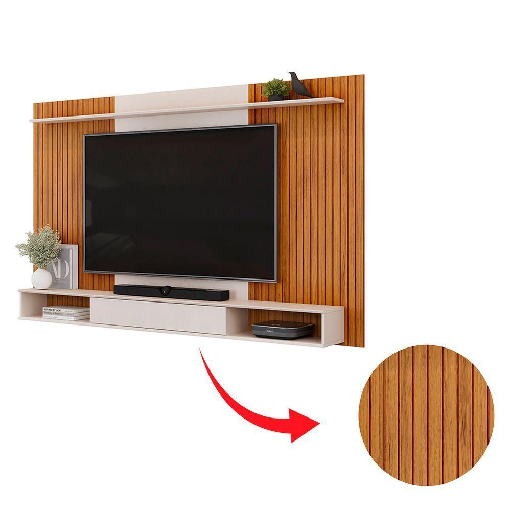 Painel Leo Com Ripas E Prateleira Freijó Com Off White - 4