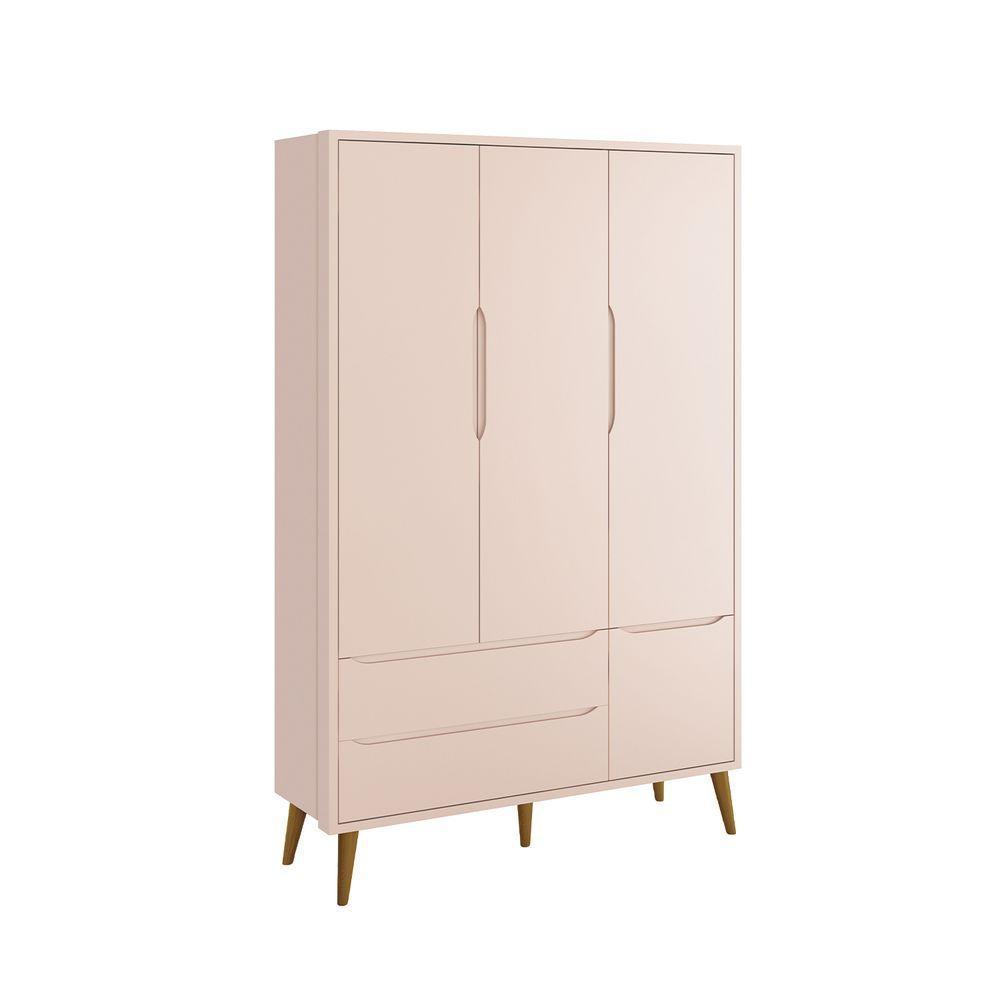 Guarda-roupa Retrô 3 Portas Théo New Rosa Fosco Com Madeira - Reller - 1
