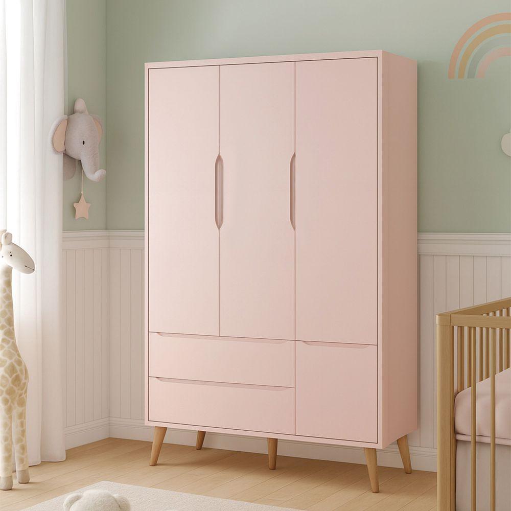 Guarda-roupa Retrô 3 Portas Théo New Rosa Fosco Com Madeira - Reller - 2