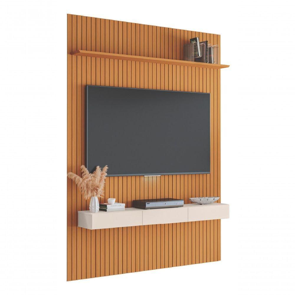 Painel Para Tv Suspeso Até 70 Polegadas 1,80x2,40m Ripado Com Nicho Arbo Cedro Com Off White - 1