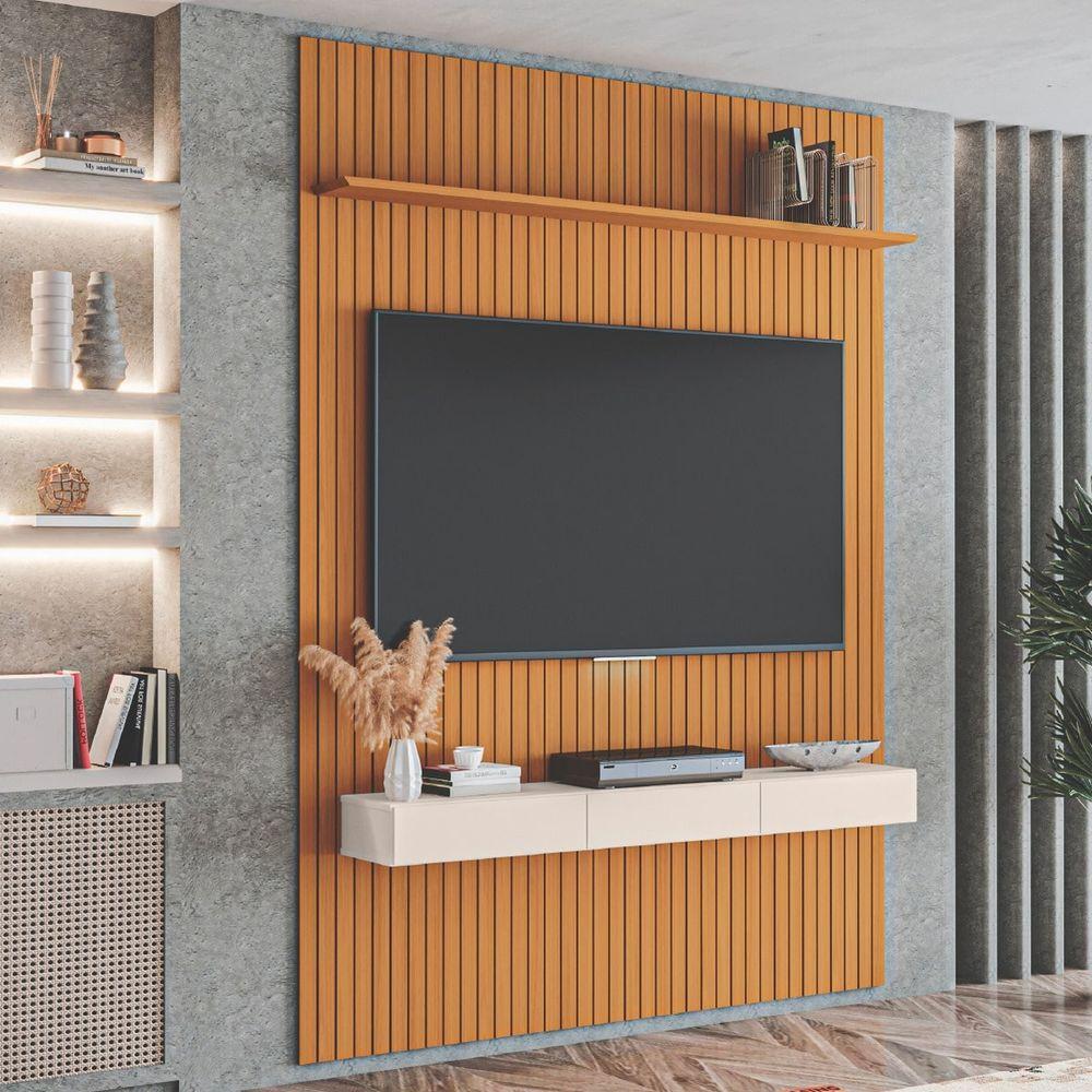 Painel Para Tv Suspeso Até 70 Polegadas 1,80x2,40m Ripado Com Nicho Arbo Cedro Com Off White - 2