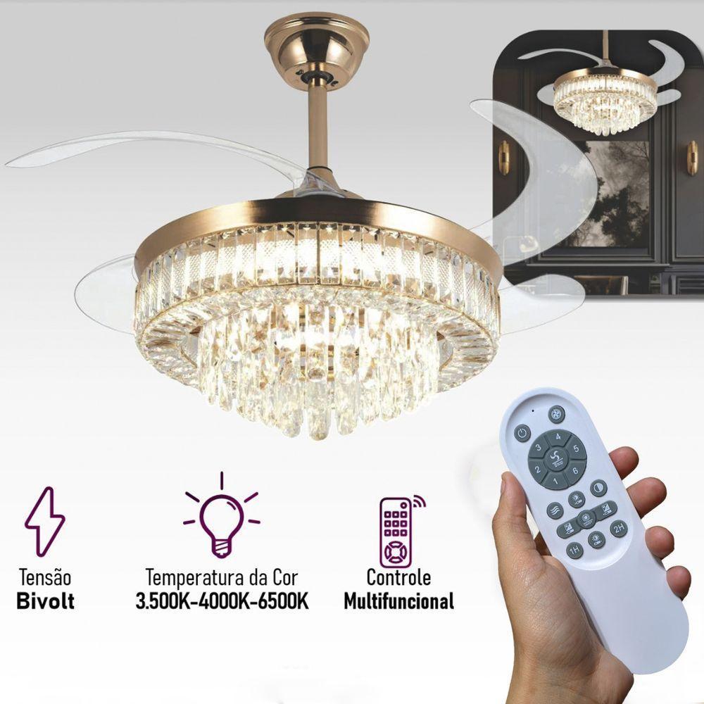 Luminaria Ventilador Retratil Lustre Hera 3 Tons 6 Velocidades Controle Iluminaçao Ajustavel Sala Quarto Casa Escritorio - 4