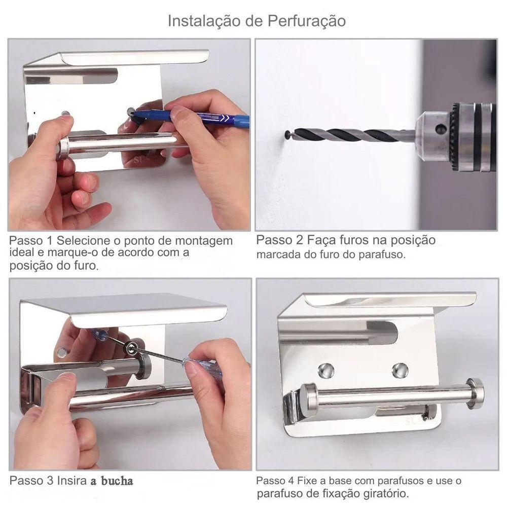 Suporte Papel Higienico Inox Kit 2 Unidades Banheiro Lavabo Prateleira Suporte Porta Objeto Apoio Resistente Organizaçao - 8