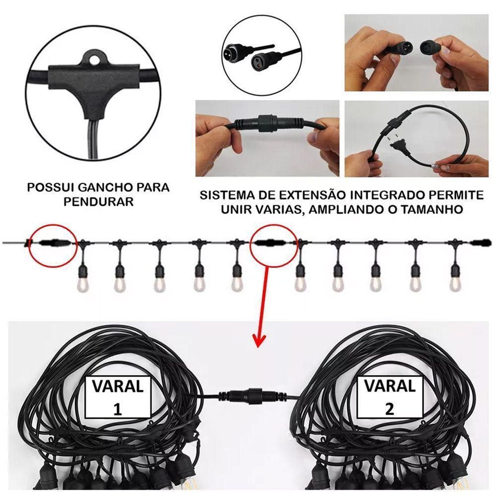 Varal De Luzes 10 Metros Extensivel 10 Bocais Luz Lampada Decoraçao Iluminada Luxo Festa Evento Formatura Casamento - 3