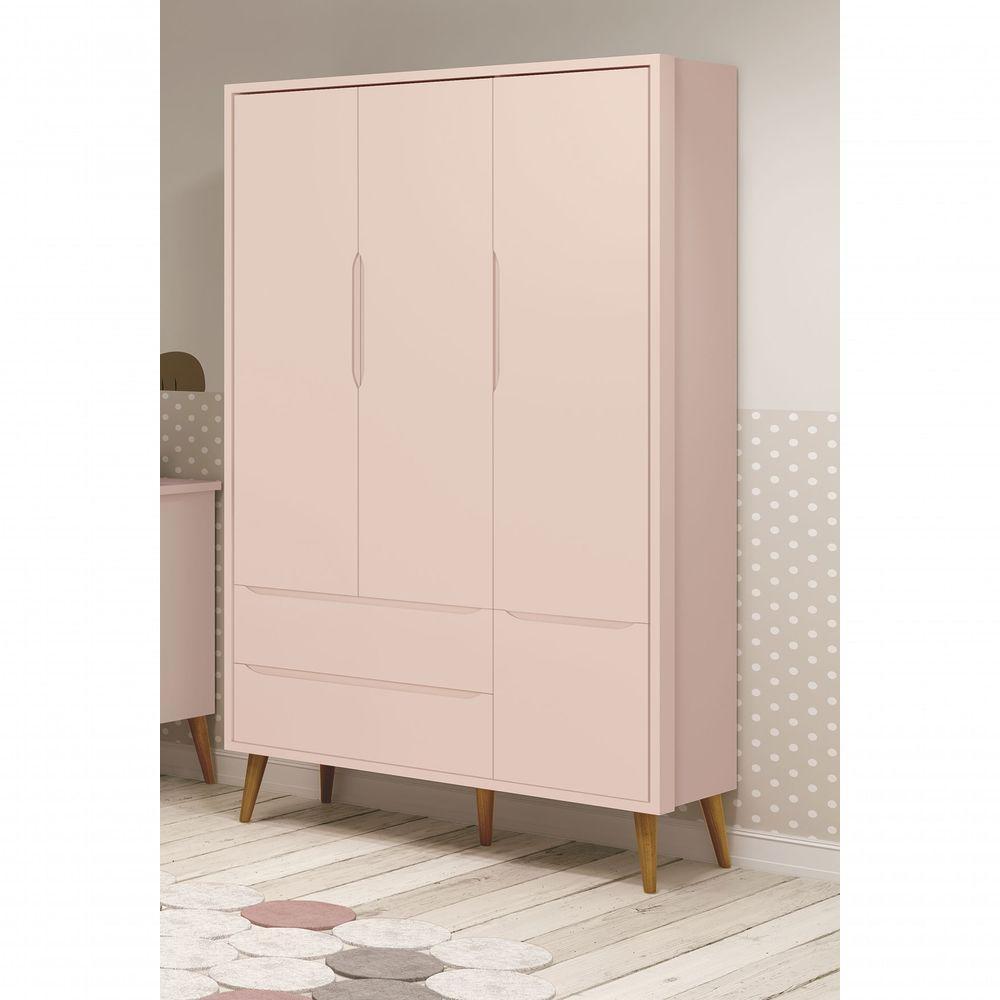 Guarda-roupa Retrô 3 Portas Théo New Rosa Fosco Com Madeira - Moveisaqui - 2