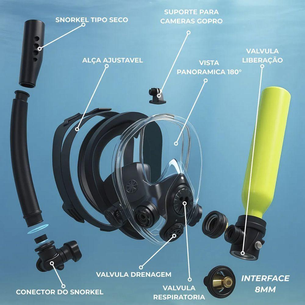 Mascara De Mergulho Cilindro Oxigenio Ar Manometro Oculos Snorkel Nataçao Suporte Camera Anti Embaçamento - 3