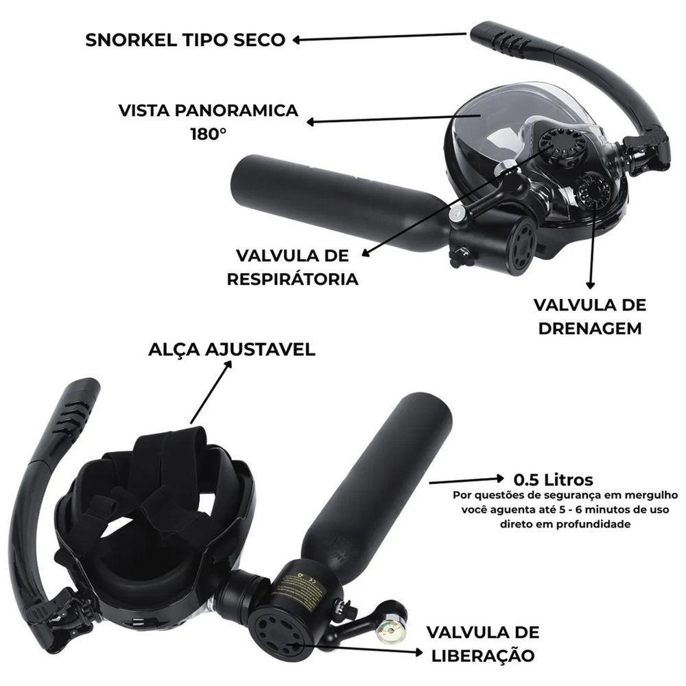 Mascara De Mergulho Cilindro Oxigenio Ar Manometro Oculos Snorkel Nataçao Suporte Camera Anti Embaçamento - 7