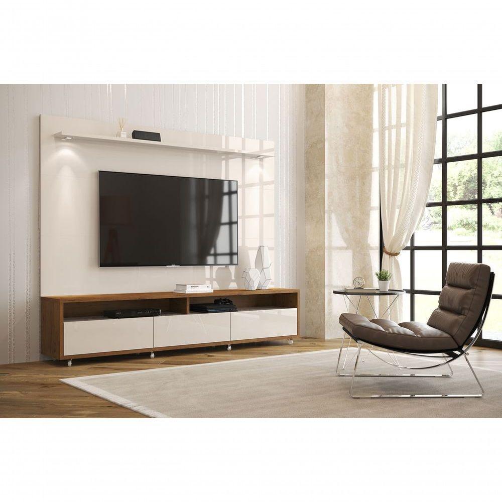 Rack Com Painel Aspen 2.2 Off White Com Madeiro Canela - Moveisaqui - 2