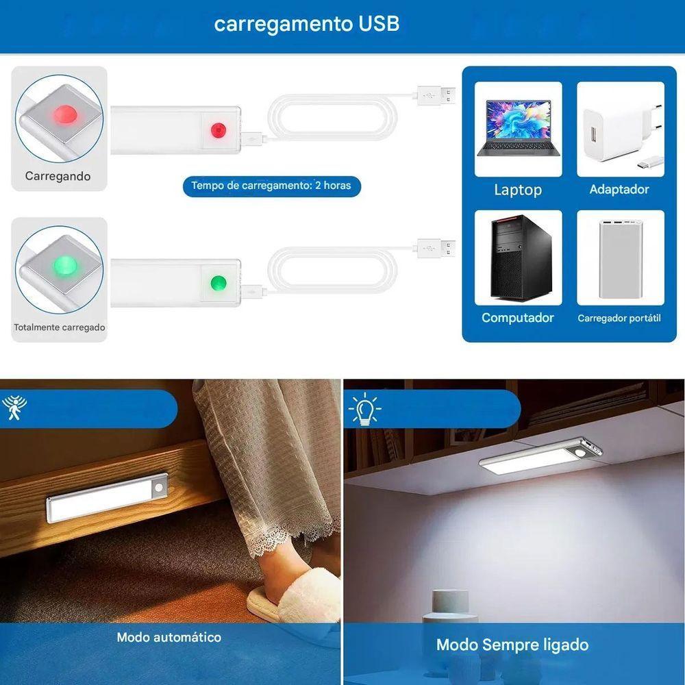 Luminaria Led 3 Tons Sensor Presença Movimento 3 Modos Usb Bateria Recarregavel Quarto Sala Cozinha Armario Iluminaçao - 6
