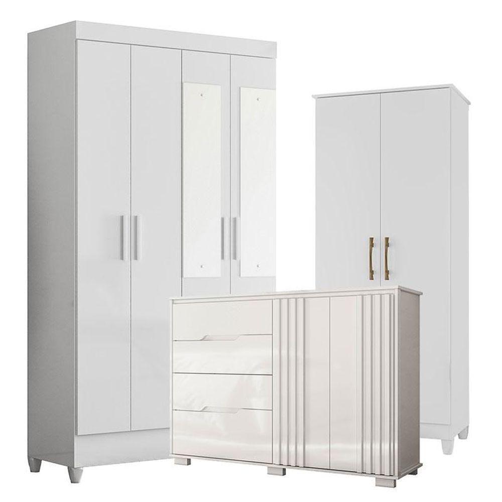 Guarda Roupa Com Espelho Infantil Sobral Com Cômoda Texas E Armário Multiuso Jade Branco Brilho - Moval - 1