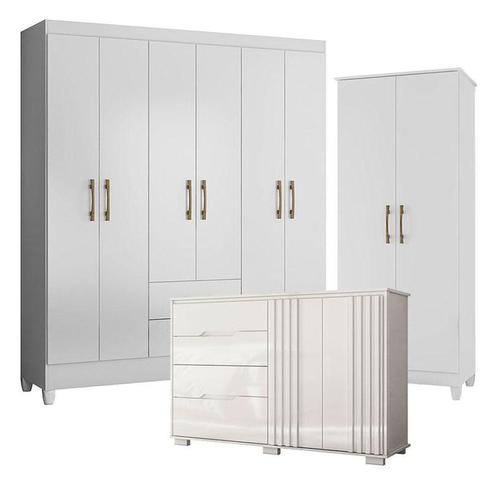 Guarda Roupa Casal Panamá Com Cômoda Texas E Armário Multiuso Jade Branco Brilho- Moval - 1