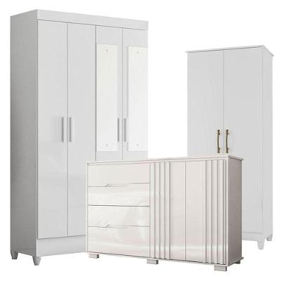 Guarda Roupa Com Espelho Infantil Madri Com Cômoda Texas E Armário Multiuso Jade Branco Brilho - Moval