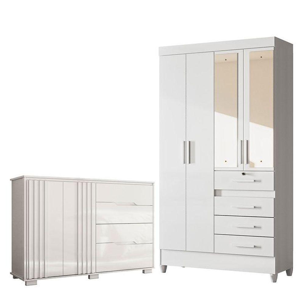 Guarda Roupa Infantil Sobral Com Espelho E Cômoda Texas Branco Brilho - Moval - 1
