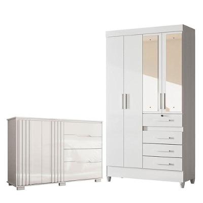 Guarda Roupa Infantil Sobral Com Espelho E Cômoda Texas Branco Brilho - Moval