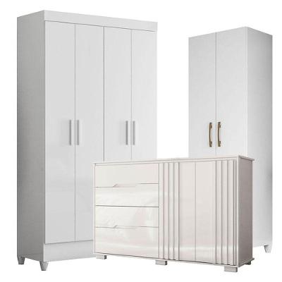 Guarda Roupa Infantil Madri com Cômoda Texas e Armário Multiuso New Íris 4 Portas MDP Branco Brilho