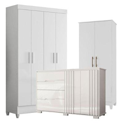 Guarda Roupa Infantil Madri Com Cômoda Texas E Multiuso Jade Branco Brilho - Moval