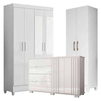 Guarda Roupa Com Espelho Infantil Madri Com Cômoda Texas E Armário Multiuso New íris Branco Brilho - Moval