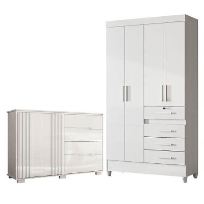 Guarda Roupa Infantil e Cômoda Sobral Texas 4 Portas 8 Gavetas em MDP Branco Brilho