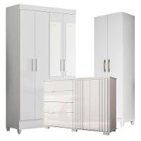 Guarda Roupa Com Espelho Infantil Sobral Com Cômoda Texas E Armário Multiuso New íris Branco Brilho - Moval - 1