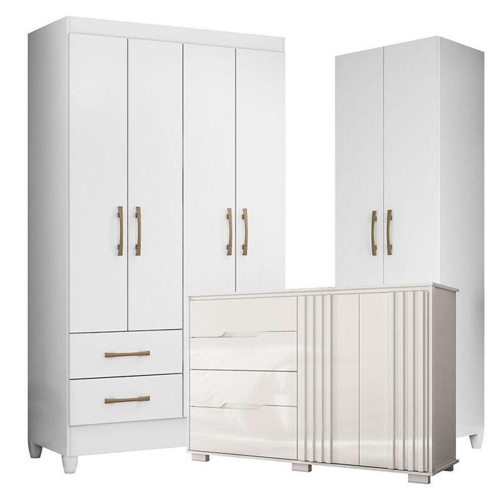 Guarda Roupa Solteiro Chile Com Cômoda Texas E Armário Multiuso New íris Branco Brilho - Moval - 1
