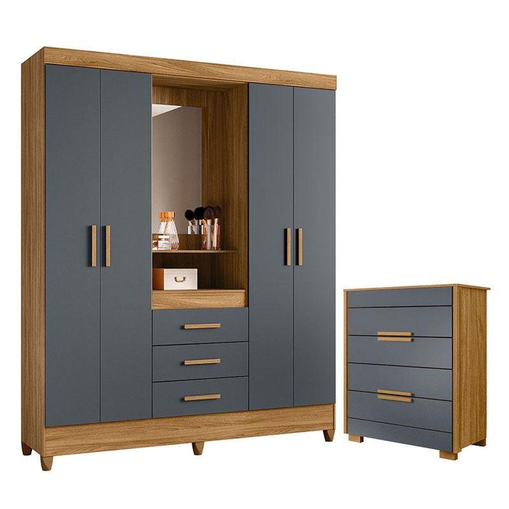 Guarda Roupa Casal Capelinha Capri E Cômoda Dhara Freijó Cinza - Moval - 1