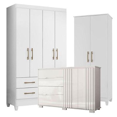Guarda Roupa Solteiro Chile com Cômoda Texas e Armário Jade 4 Portas 2 Gavetas MDP Branco Moval