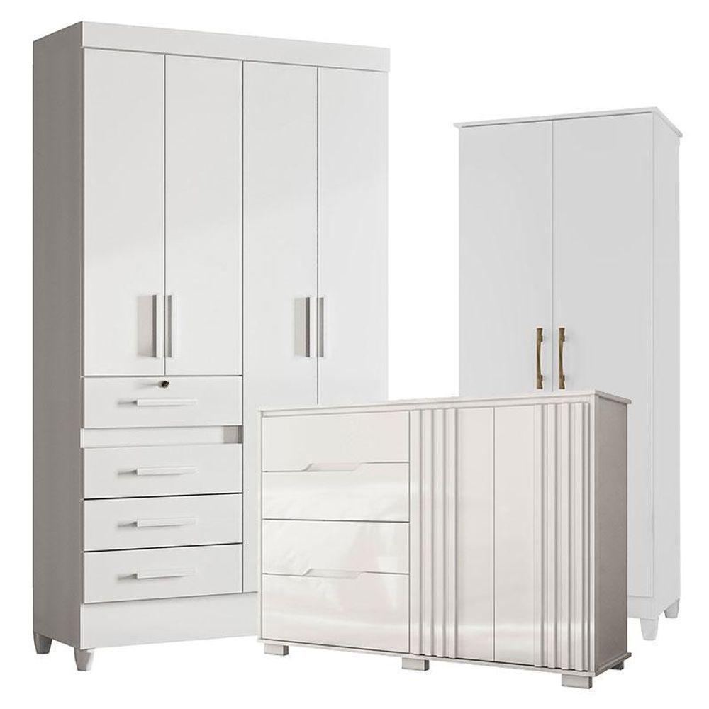 Guarda Roupa Infantil Sobral Com Cômoda Texas E Armário Multiuso Jade Branco Brilho - Moval - 1